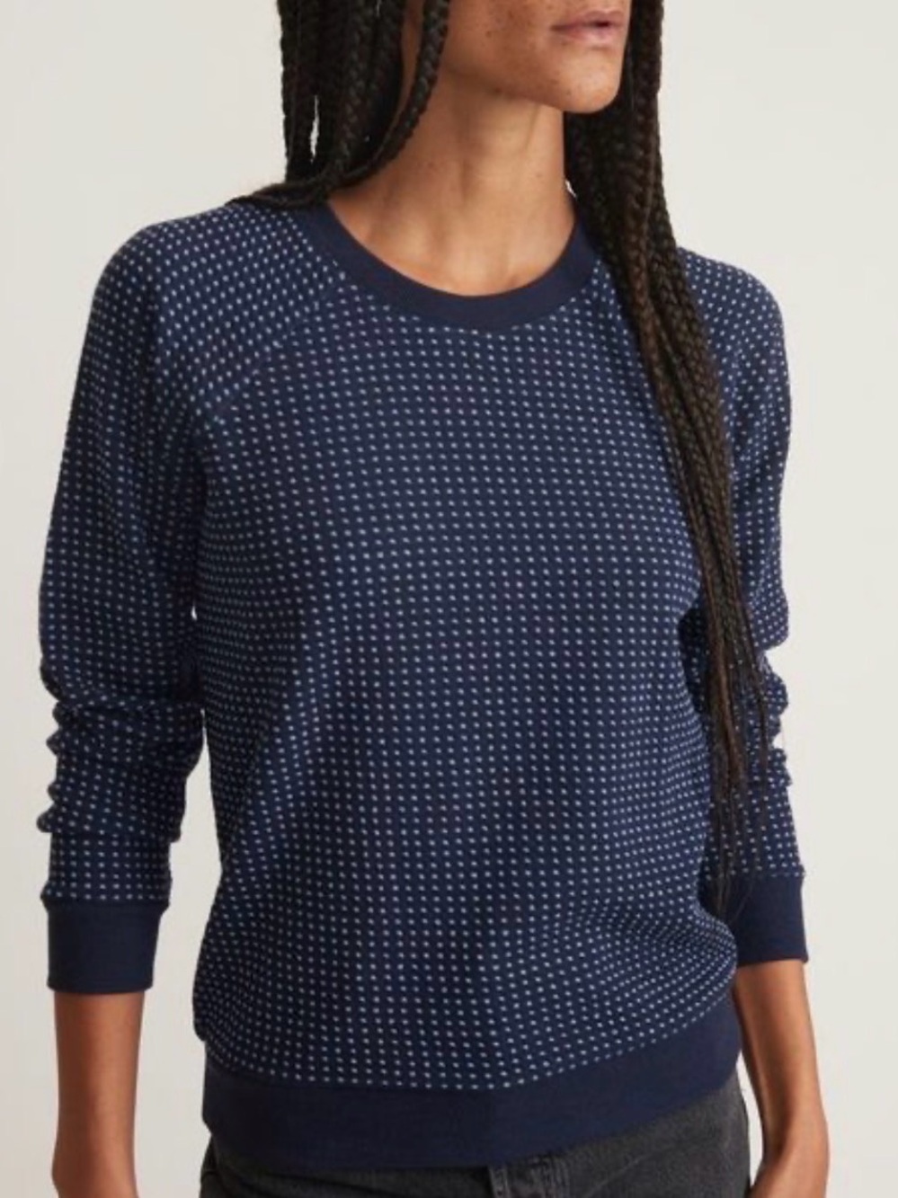 Marine Layer Daisy Textured Raglan Sweater in Navy with White Polka Dots